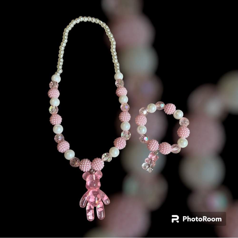 Pink Bear Necklace and Bracelet Set